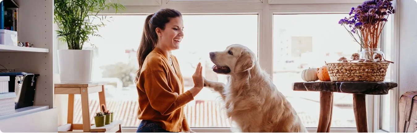 Frau mit ihrem Hund in der Wohnung.