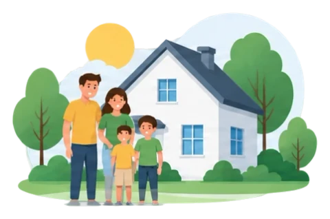 Vierköpfige Familie vor ihrem Haus
